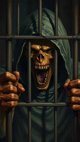 Bosch painting style nightmares, a scary creature with hood screaming and locked in behind bars , in dark prison environment with dim lights like 1800 prisons .