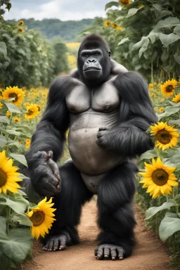 A child play with the s big gorilla among sunflowers farm the child is seems very happy while the gorilla been silly