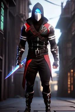 muscular ninja assassin, athletic build, wearing black and red baggy pants with pockets, hood and balaclava mask, tan skin, big boots, two swords crossed his behind back, dark hazel eyes, eyes are both in proportion and green, 3/4 look, 5 o'clock shadow, short brown hair, standing, dark cobblestone alley, one vertical white light behind head, non photorealistic rendering in the art style of j.scott campbell