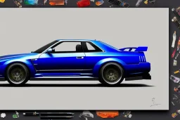 a true-to-life Nissan Skyline GT-R R34, classic wheels, twin-color finishing, centered, intricate, extreme detailed, photorealism, center view, stylized random background, pivot on nissan, pen and color marker painting by cheryl kelley