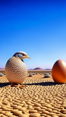 Giant egg resting on desert. Eagle eating from cracked egg