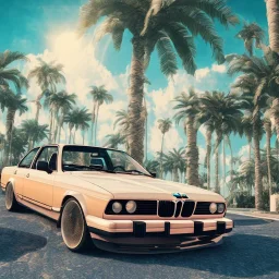 1980's aesthetic vaporwave palm trees and spheres and bmw