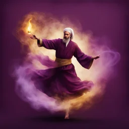 Hyper Realistic Sufi Whirling with Purple & Golden Flame, Islamic Sufi Rustic Grungy Maroon Background with fog around at night