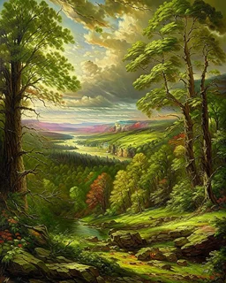 Prompt: Style: A monumental nineteenth-century American Romantic landscape painting inspired by the grand panoramic tradition of the Hudson River School. Luminous realism, masterful atmospheric perspective, refined glazing techniques, dramatic natural light, meticulous botanical detail, majestic wilderness, subtle oil textures, museum-quality fine art, celebrating the sublime beauty of untouched nature. Subject: The colossal giant sequoias of Sequoia National Park dominate the landscape, their