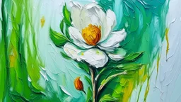Ambrosia flower oil painting with knife technique on white and green background