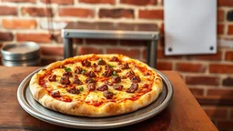 A cheesy, overloaded meat lover's pizza on a baking tray, placed in a vibrant Italian pizzeria setting. Classic brick wall background, copy space on the right side, top view