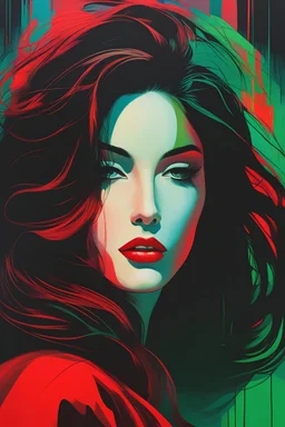 close-up ((((facing head down)) ((70s woman with blind eyes silk fold))) - long floating brown hair ((shattered in many ghostly overprinted faces)) of women and men ((surrounding shadow faces)). Misty Black to red & green Dark mood, Oil neon painting Expressionit art ((80's horror poster)), Patrick Nagel, synthwave, Photo realistic.