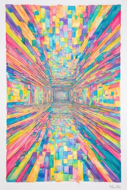 Warped Perspective; Cubic Surrealism; Ink with a pastel rainbow watercolor palette