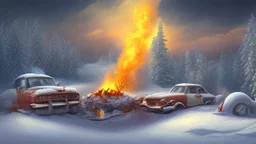 fire in a field of snow