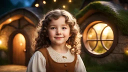 little young hobbit girl toddler, beautiful, confident, calm, wise, happy, innocent, facing camera, head and shoulders, curly hair, hobbit clothing, perfect eyes, LOTR village, hobbit homes with circular windows and circular doors, night scene, stars, fireflies, 16k artistic photography, exquisite composition, photorealistic concept art, soft natural volumetric light, chiaroscuro, award-winning photograph, masterpiece, style William-Adolphe Bouguereau