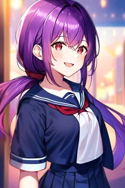 girl, masterpiece, best quality, cinematic lighting, detailed outfit, vibrant colors, perfect eyes, long hair, purple hair, red eyes, low ponytail, school outfit, laughing,