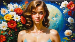 beautiful girl ,mugshot, Planet of the Vulcans, multicolored, large, floral designs, atmospheric, beautiful, oil painting by Frank Frazetta, 4k UHD, Photorealistic, professional quality