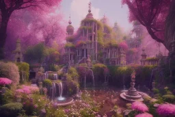 beautiful hyperrealistic secret flower garden in the middle of temple ruins, water fountain, birds flying, highly detailed, digital painting, trending artstation, concept art, illustration, cinematic lighting, vibrant colors, photorealism, epic, octane render