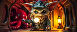 air brush 3d with pen outline,spaghetti boss gunslinger western fluffy elder gremlin edgy hero with slightly glowing eyes in front of glistening space octopi, shallow depth of field, warm lantern, pin hole cam in doll house space ship, bottom floor board edge border