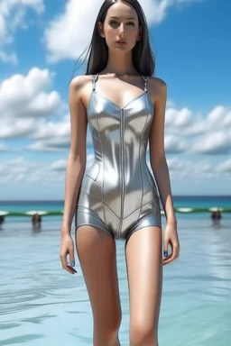 woman, skinny, flat chest, silver onepiece swimsuit, photorealistic, similar hanalei reponty