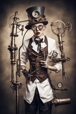 Crazy laboratory assistant with sickles in steampunk style