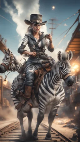 hypnotic portrait of a zebra yoga instructor on a horseback and flashy magazine cover illustration, fallout 4 docks setting, horror weird cowboy wizard cyberpunk weasel in female garments on top of train ,holding dynamite, getting hit by lightening electric arc, with big disturbed eyes,bokeh like f/0.8, tilt-shift lens 8k, high detail, smooth render, down-light, unreal engine, prize winning