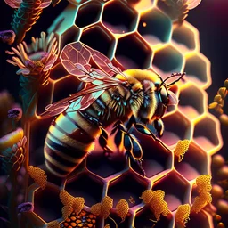 honey bee with flowers on top of honeycomb vintage style mood soft earthy colors Modifiers: elegant intricate 8k very attractive beautiful dynamic lighting ultra detailed 4K 3D crisp quality colourful hdr cinematic postprocessing Ultra realistic glowing Iridescent