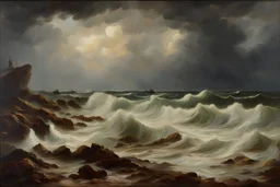 Andreas Achenbach oil impasto painting tufting tapestry stormy sea shores, in portrait studio