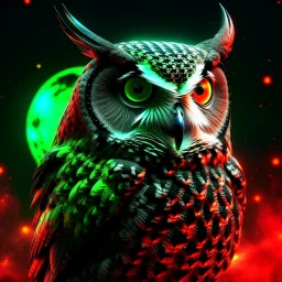 Owl design with ice, lava and starlight, iridescent wings under a molten lava blood red moon with eerie fog, the owl has green eyes 8k UHD Gothic fantasy art with splatter.