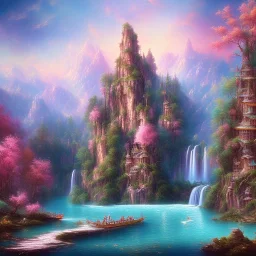 turquoise river, sun, waterfalls, pink fairy castle