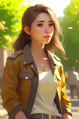 Digital Art, Digital Masterpiece, High Definition, Colorful, Natural Illumination, Summer time, Sunny day, (1 stylish young girl walking:2.5), (Light brown hair:1.5), (sexy eyes:1), (cute femenine face:1), cute, happy, confident, (fair skin:1), (Cowboy Leather jacket:1.5), (Blue jeans:2), (Big brown boots:1.5), (Beachside:2), magazine style