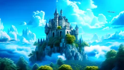 huge sky castle, masterpiece, top quality, high quality, highly detailed CG unity 8k wallpaper, landscape, outdoor, sky, clouds, day, peopleless, mountain, landscape, water, tree, blue sky, waterfall, cliff, nature, lake, river, cloudy sky, award-winning photography, bokeh, depth of field, HDR, bloom, chromatic aberration, photorealistic, highly detailed, artstation trend, cgsociety trend, complex, High detail, dramatic, art on the journey