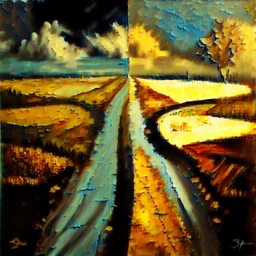 two roads diverged , art, oil colors, cheerfull