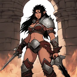 [high res photo by wii No More Heroes style with thick lines] the back of the Barbarian female warrior who is ready to fight: In the center of the chamber, looming over everything, is a creature that defies description. Its body is a grotesque amalgamation of flesh and bone, twisted and deformed by some unspeakable evil. Its eyes are burning coals, filled with an insatiable hunger that threatens to consume everything in its path. The beast lets out a bone-chilling roar that echoes