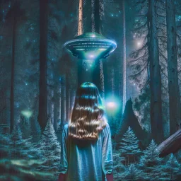 photo of a young woman in a dark forest looking at a UFO in the sky dark tones