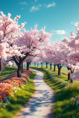 3d holographic editorial photo, A beautiful fairytale landscape, detailed, trees and sakura flower blooming along a road , fantasy, colorful flowers, green grass, soft, pretty visuals, aesthetic, artstation, shadow effect, insanely detailed and intricate, photorealistic, highly detailed, artstation by wlop, by artgerm, art by tom bagshaw, atey ghailan, andrew atroshenko, stanley artgerm.. , yellow , purple