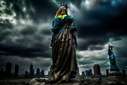 the statue of liberty, dress dirty and torn, her face solemn and terse, trash littered at her feet, she holds a crumpled american flag, she walks away with back turned under a dark and dreary sky, wide angle