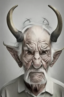 old man with large gray eyes and 2 horns on white hourse