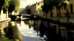 An Italian city river in black oil shadows painted by John Singer Sargent