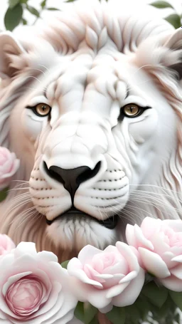 realistic white lion headshot in soft pink roses