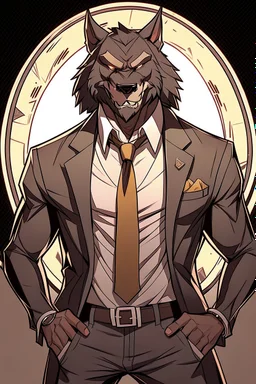 Buff, anthro, wolf, himbo, black fur, gold eyes, wearing a suit, full-body, muscles, strong, muscular, man boobs, bulky, tail, dark fur, smug grin, hands on hips, furry-himbo, broad shoulders, wide hips,