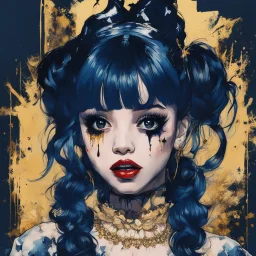 Poster in two gradually, a one side malevolent goth vampire girl face and other side the Singer Melanie Martinez face, painting by Yoji Shinkawa, darkblue and gold tones,