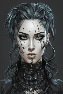 Create a wild, imaginative, goth punk girl with highly detailed facial features, in the vector graphic style of Nirak1,Christopher Lee, and Cristiano Siqueira, utilizing simple shapes , vibrant colors,