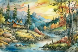 Watercolor painting landscape in style of Arthur Rackham, soft pastel colors Modifiers: Award winning photography 4K 3D colourful