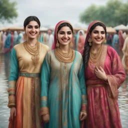 Hyper Realistic Traditional Pakistani girls & women smiling & wearing traditional desi outfit at cloudy weather riverside with lots of other people