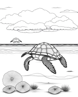 coloring pages for kids,coloring pages for kids, Pacific island shaped, paradise, sea turtles , Art drawing .super detailed, low detail, black and white, no shading, --ar 85:110