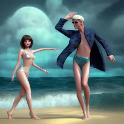 Aaron Carter with sexy Clara Bow, stormy seas, two people, Aaron Carter, romance, romantic, water, swimming, DAZ3D, by Michael Turner, soft lips, cinematic lighting, studio lighting, shine, 4K, fantastic view, girls at beach with her.