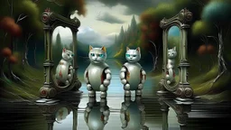 Surrealism.. Create an image featuring two humanoid robots holding hands. One robot should have a shiny light gray finish, while the other should have an opaque dark gray appearance. Both robots have their heads slightly tilted downwards, giving a mechanical and somewhat contemplative look. The setting is minimalistic, focusing on the contrast between the robots' finishes and their human-like connection. Contemporary art.