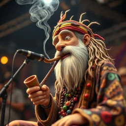 cartoon, anime, saddam husssain as cult leader hippie on stage smoking big pipe having fun in a festival in the 60s, goa psy ambient in the style of vangelis and fsol, source vibrations, bokeh like f/0.8, tilt-shift lens 8k, high detail, smooth render, down-light, unreal engine, prize winning