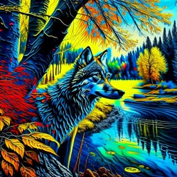 Hyper-detailed hyper-realistic ink art of a wolf river trees complementary colors blue yellow red green 4k