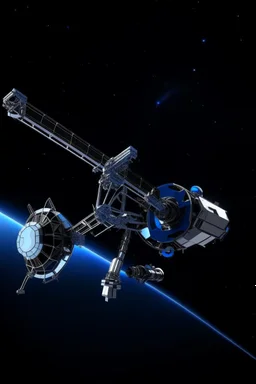 In a sci-fi starry sky background, a slender space flexible robotic arm is located on the satellite in the frame.