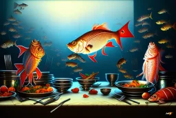 supper, fish sit at the table and eat pieces of people.