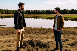 A picture of two people exchanging criticism in a constructive and respectful manner, standing on a land surrounded by dirt, and behind them a lake