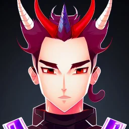 Anime profile picture of man with short black hair with red streaks, with purple dragon horns on top of his head, looking mischievous