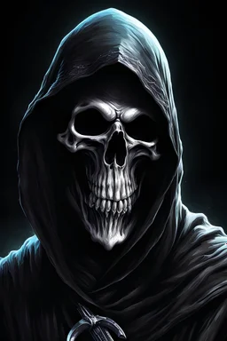 ultra high image quality, Grim Reaper Close-up of an set against AMOLED-worthy pure black backdrop, fantasy art style infused with filter, tailored for vertical wallpaper, exclusive design with no duplicates, radiating beauty suitable for a PC screen image, vivid colors, ultra fine, digital painting.